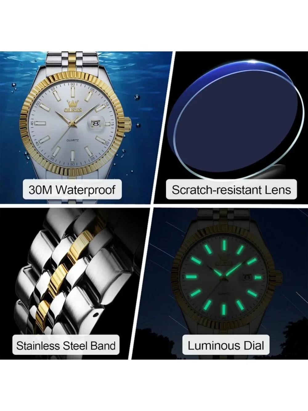 Olevs Mens Silver Gold Luxury Stainless White Face Analog Quartz Luminous Watch